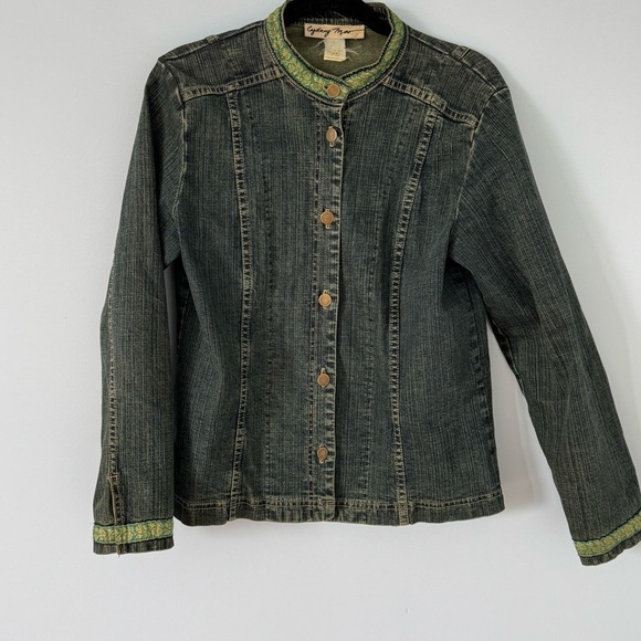 Cydney Mar Denim Jacket with Green & Gold Trim – Size M - Picture 1 of 9